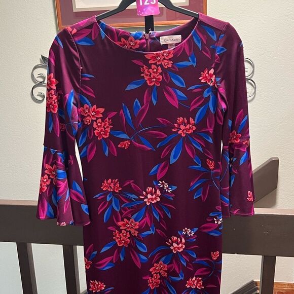 EUC Calvin Klein Floral Purple Dress 3/4 Bell Sleeves Size 4 #125 - Picture 7 of 7
